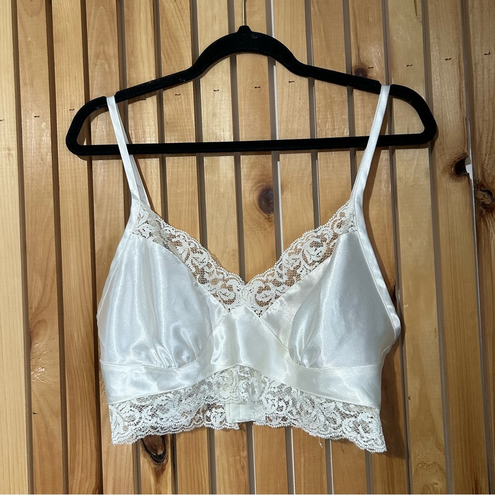 Vintage Victoria's Secret White Satin Lace Trim Slip Bralette Coquette Feminine